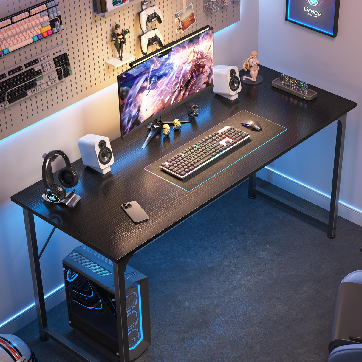 Huuger Computer Desk, 55 Inch Office Desk, Gaming Desk with Storage, Writing Desk Work Desk for Home Office, Study, Modern Simple Desk, Large Legroom, Metal Frame, Black Huuger