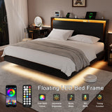 King Size Bed Frame with LED Lights & Charging Station – Wood Floating Bed Frame with Storage Headboard, Adhesive Slats, Kick-Free & Noise-Free Design, Easy Assembly, Black Einhomn
