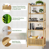 Bamjoy Bamboo Ladder Shelf, Bookshelf with 4 Display Shelves and 1 Open Storage Basket, Multifunctional Storage Rack Organizer for Home Office, Bedroom, Living Room, 66” H Natural Bamjoy