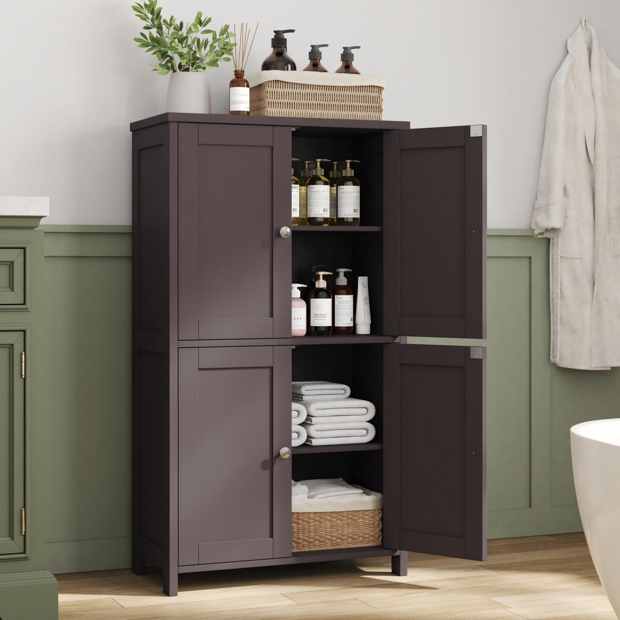 Nuturelly Bathroom Floor Storage Cabinet, Freestanding Pantry Cabinets with 4 Doors & 3 Adjustable Heights, Bathroom Organizers and Storage with Waterproof Board & Metal Handles for Kitchen, Brown Nuturelly