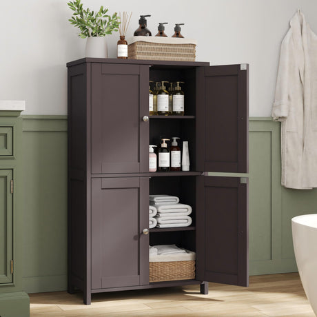Nuturelly Bathroom Floor Storage Cabinet, Freestanding Pantry Cabinets with 4 Doors & 3 Adjustable Heights, Bathroom Organizers and Storage with Waterproof Board & Metal Handles for Kitchen, Brown Nuturelly