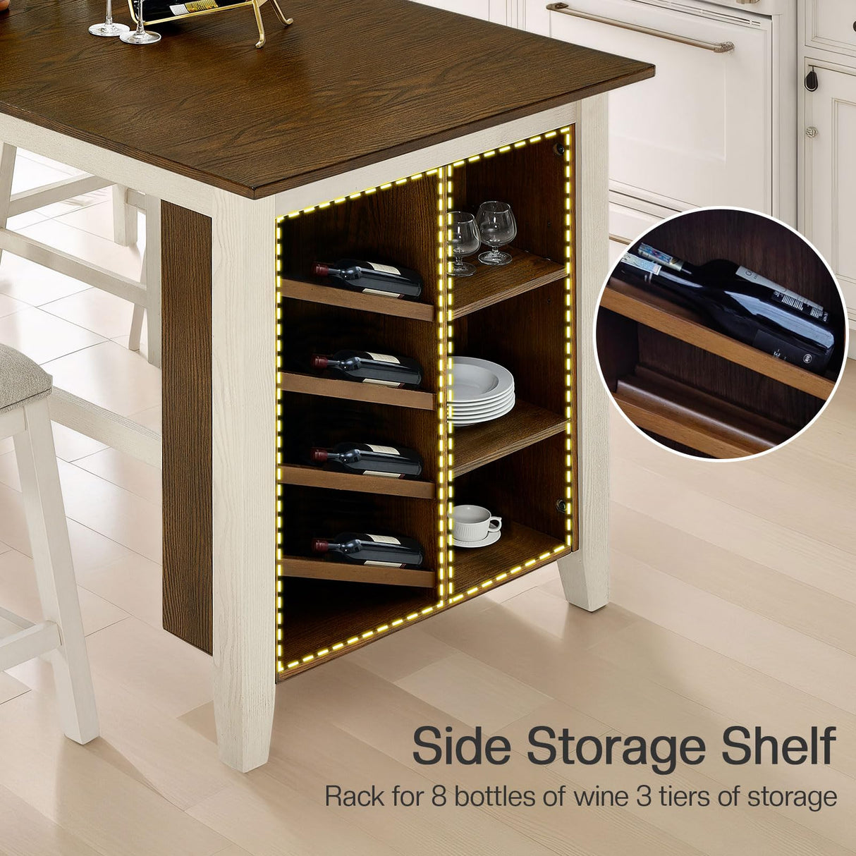 AMERLIFE 60" Solid Wood Counter Height Dining and Kitchen Table Set for 4 Upholstered Stools, 7-Layer Storage Farmhouse Dinner Table with Chairs Built-in Wine Rack & Cabinet, 5-Piece Rectangle AMERLIFE