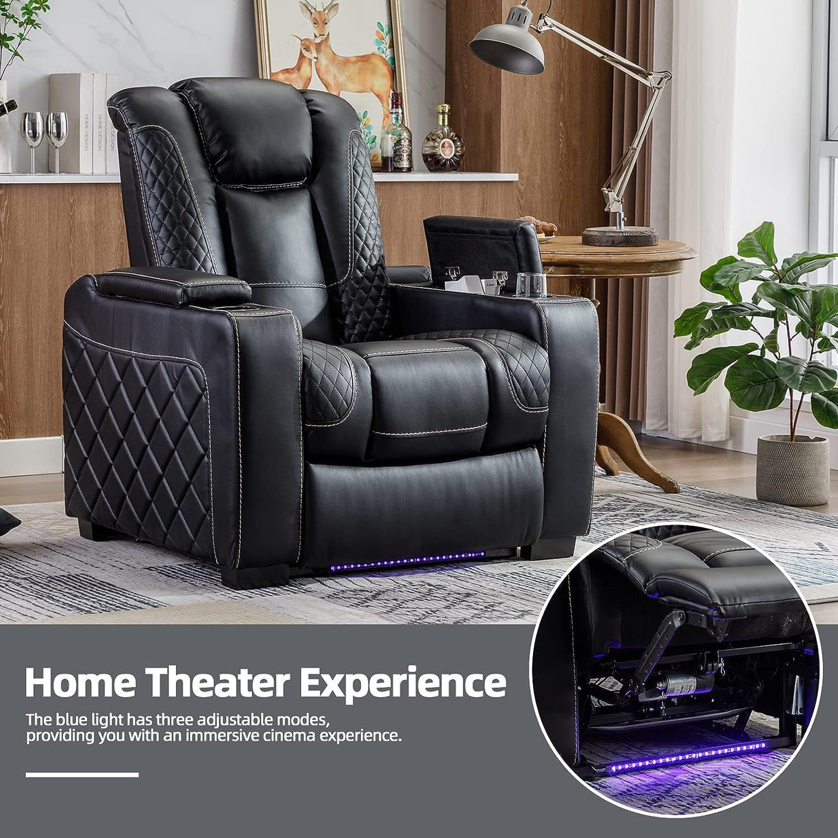 CANMOV Electric Power Recliner Chair with Ambient Lighting, Faux Leather Dual Motor Power Home Theater Seating with Adjustable Headrest, Hidden Arm Storage,Cup Holders,USB Ports (Single, Black) CANMOV
