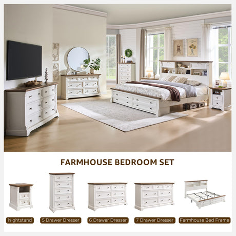 Farmhouse 6 Drawers Dresser for Bedroom, 54" Wide Large Dressers & Chests of Drawers w/Roman Column, Wooden Dresser TV Stand with Large Drawers for Nursery Bedroom Living Room Hallway, Antique White T4TREAM