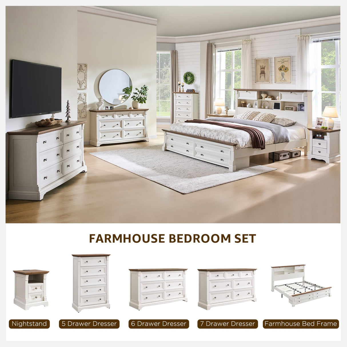 Farmhouse Queen Size Bed Frame with 54" Tall Storage Bookcase Headboard, Wood Platform Bed Frame with 2 Drawers & 18" Tall Roman Column Decoration Footboard, No Box Spring Needed(Antique White) T4TREAM