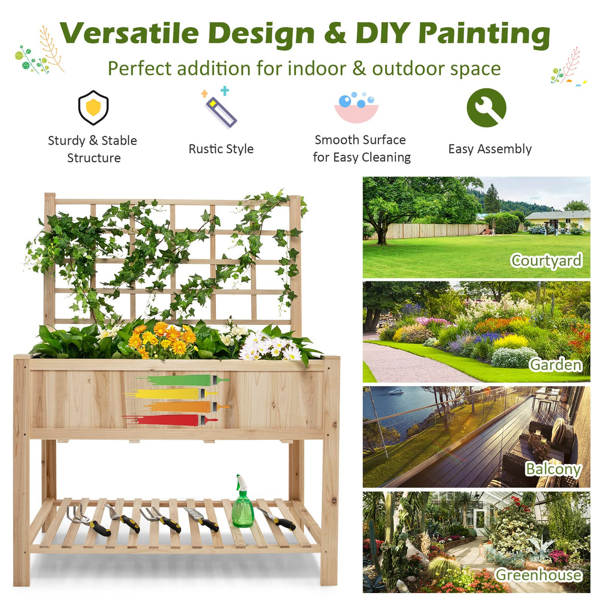 Giantex Wood Planter with Trellis, Standing Raised Garden Bed, Liner Storage Shelf, Elevated Plant Box Stand for Climbing Flower Vegetable Herb, Indoor Outdoor Patio Lawn Balcony Giantex