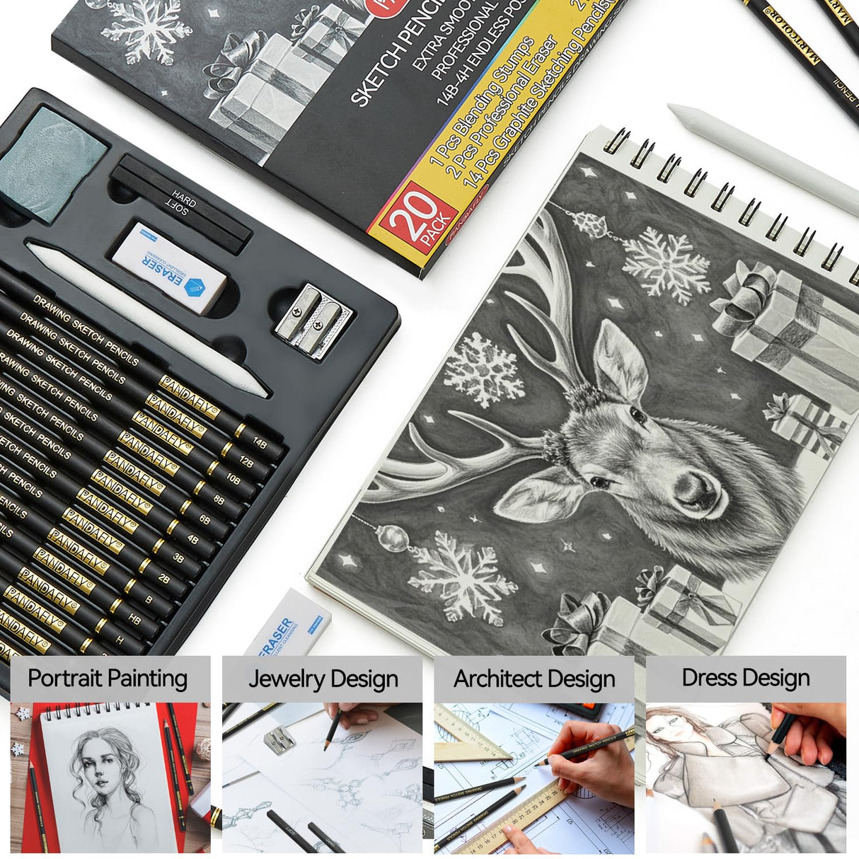 PANDAFLY 20-Piece Professional Sketch Pencil Set - Includes 4H to 14B Graphite Pencils, Charcoal Sticks, Vinyl Eraser, Kneaded Eraser, Sharpener, Blending Stump - Ideal for Artists and Beginners PANDAFLY