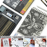 PANDAFLY 20-Piece Professional Sketch Pencil Set - Includes 4H to 14B Graphite Pencils, Charcoal Sticks, Vinyl Eraser, Kneaded Eraser, Sharpener, Blending Stump - Ideal for Artists and Beginners PANDAFLY