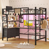 BYSAUD Loft Bed Twin Size with L Shaped Desk and Storage, Metal Bunk Loft Bed Frames with Desk Underneath and LED Lights and Charging Station 5 Drawer 2 Pegboards Clothes Rack, Noise Free, Gray BYSAUD