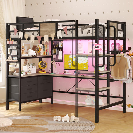 BYSAUD Loft Bed Twin Size with L Shaped Desk and Storage, Metal Bunk Loft Bed Frames with Desk Underneath and LED Lights and Charging Station 5 Drawer 2 Pegboards Clothes Rack, Noise Free, Gray BYSAUD
