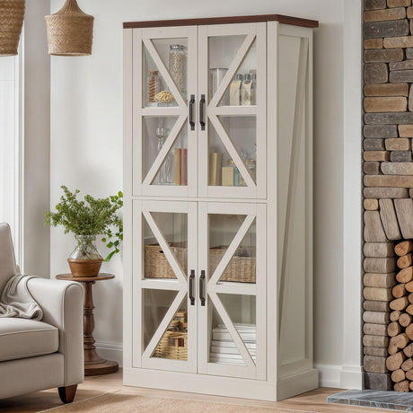 DWVO 66" Storage Cabinet, Tall Bookshelf Display Cabinet, 4 Shelves Curio Cabinet with Tempered Glass Doors, Trophy Display Case for Living Room and Dinning Room, White DWVO