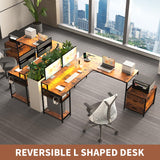 OtterOasis 66" L Shaped Desk with Wood Drawers, 113" 2 Person Desk with Printer Stand, Large Reversible L Shape Gaming Desk with Power Outlet, Brown Computer Desk with Power Outlet for Home Office OtterOasis