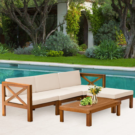 5-Piece Acacia Wood Outdoor Sofa Set Patio Bistro Set Furniture Outdoor Chat Conversation Table Chair Set with Water Resistant Cushions and Coffee Table for Beach Backyard Garden PayLessHere