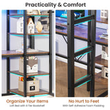 MSmask Loft Bed Twin Size with L Shaped Desk, LED Lights, Charging Station, Heavy Duty Metal Loft Bed Frame with 6 Storage Shelves, Safety Guard & Ladder, No Box Spring Needed, No Noise, Black MSmask