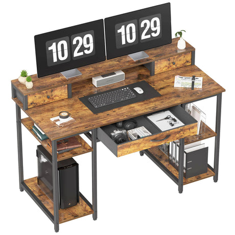 Treesland 47" Computer Desk with 3 Drawers, 24" Deep, Home Office Desks with Shelves, Work Desk with Storage, Study Writing Desk with Monitor Stand, Desk with Drawers, Brown Treesland