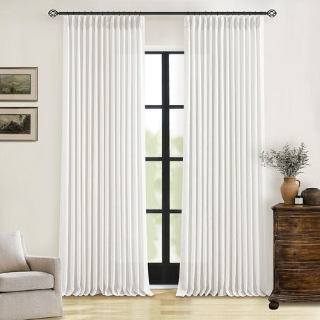 Beige White Linen Curtains 108 Inches Long 2 Panels Set for Living Room Neutral Boho Thick Linen Textured Pinch Pleated Memory Shape Light Filtering Ceiling Semi Sheer Window Curtain Hook Rings Ivory TWODRAPES