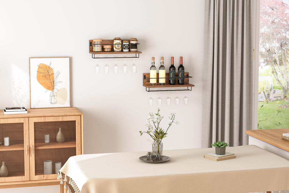 HOOBRO Wall Mounted Wine Rack 2 Pack, Wine Shelf Hanging Floating Wall Shelves, Wine Glass Bottle Rack Stemware Holder, for Living Room, Dining Room, Kitchen, Rustic Brown and Black BF28BJ01 HOOBRO