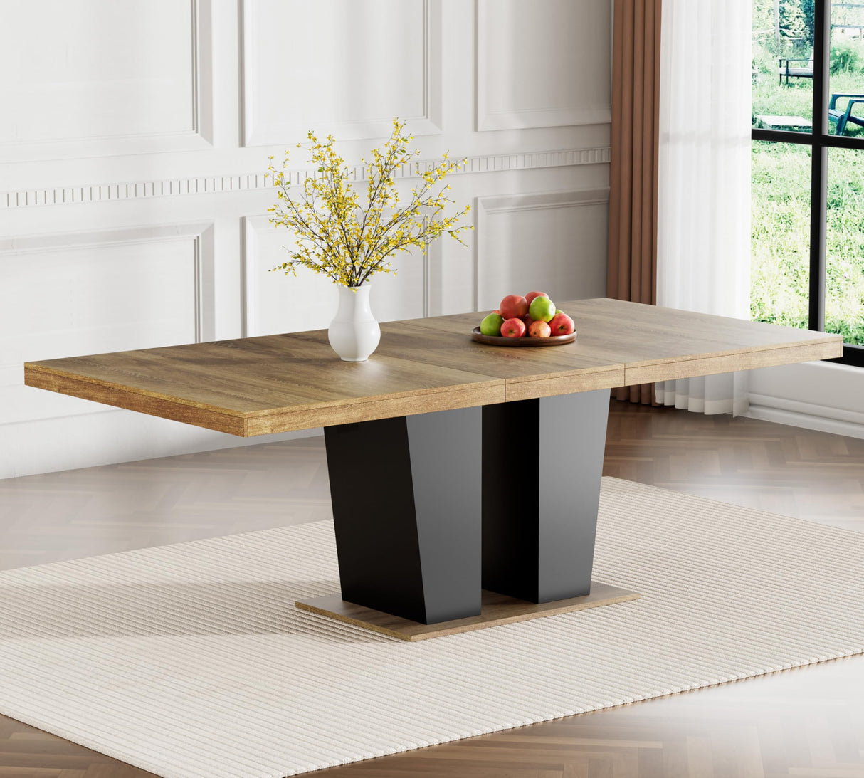 Pvillez Rustic 9 Piece Dining Table Set, 62.99"-78.74" Extendable Dining Table & 8 Gray Velvet Dining Chairs with Wood Leg, Brown Expandable Dining Room Table and Chairs Set Pvillez