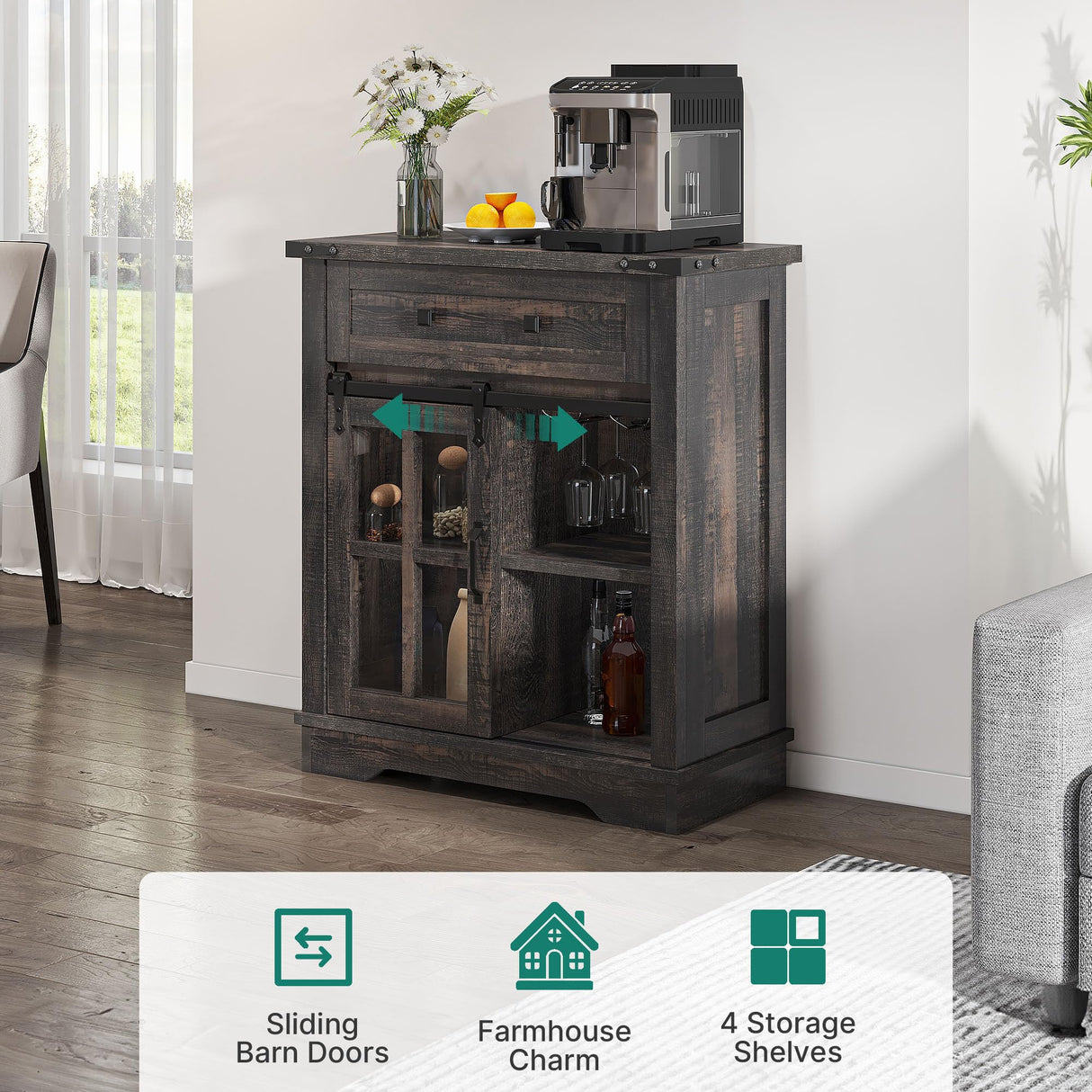 YITAHOME 32" Sideboard Coffee Bar Cabinet, Farmhouse Buffet Cabinet with Drawer & Adjustable Storage Shelves, Storage Cabinet with Sliding Barn Door for Living Room, Dark Rustic Oak YITAHOME