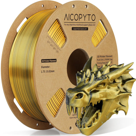 AICOPYTO Dual Color Silk PLA 3D Printer Filament 1.75mm,Dual Color 2-in-1 Gold-Black Silk Filament 1KG Spool (2.2lbs) Dimensional Accuracy Probability +/- 0.02mm Fit Most FDM 3D Printers, Black-Gold AICOPYTO