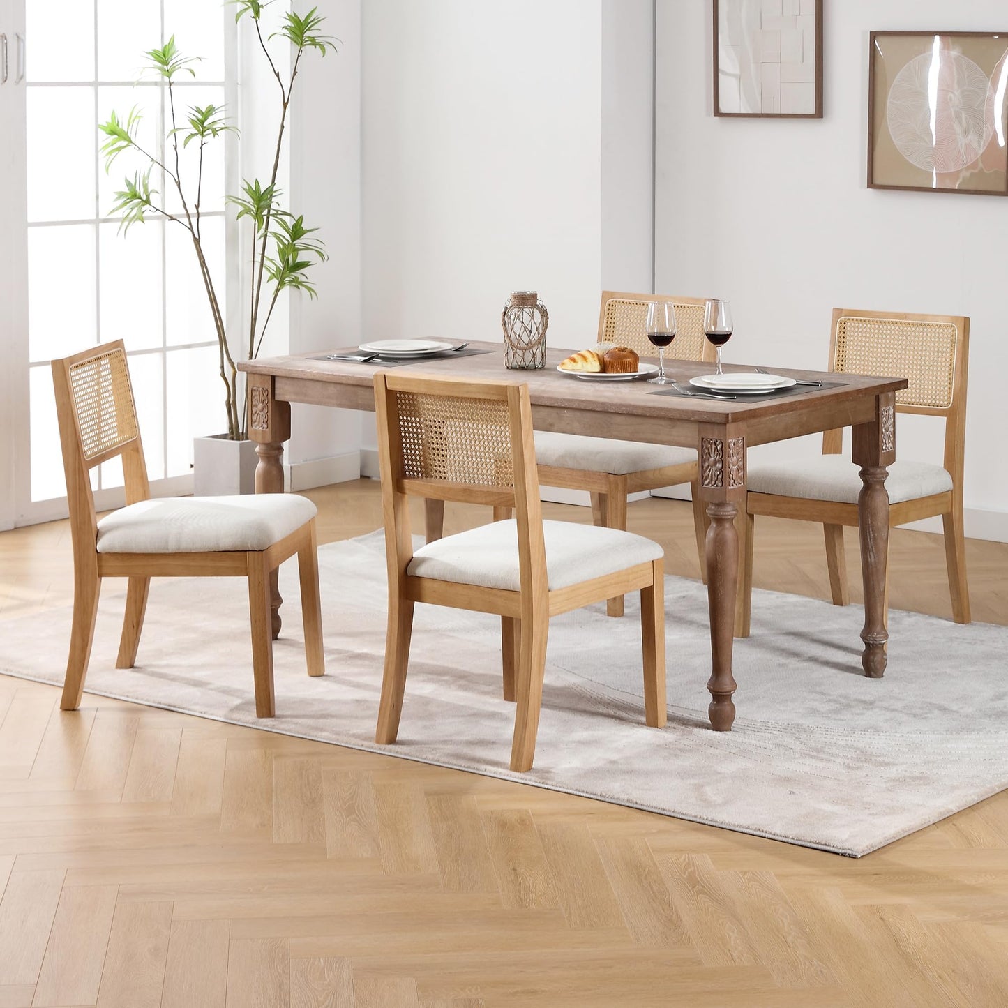 Westice Rattan Dining Chairs Set of 6, Farmhouse Natural Dining Room Chairs with Upholstered Cushion, Wood Armless Chairs for Kitchen/Restaurant