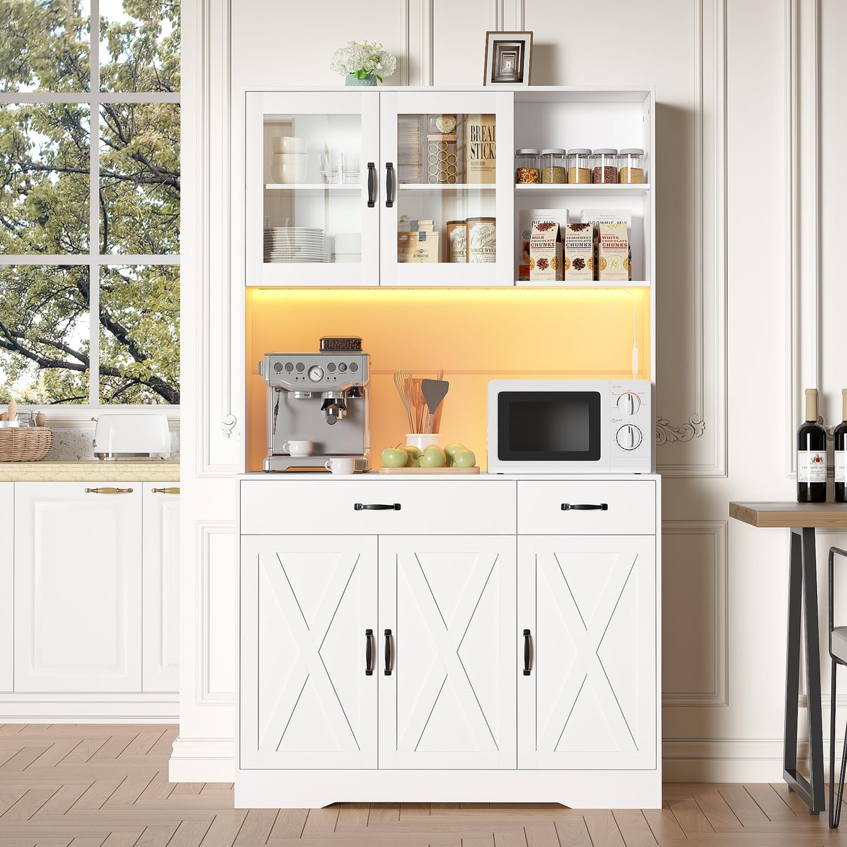 Iavyga 71" Kitchen Pantry Cabinet: Hutch Cabinet with Glass Doors, Pantry Cabinets with Drawers, Adjustable Shelves, LED Light & Power Outlets for Kitchen, Living Room, Dining Room Iavyga