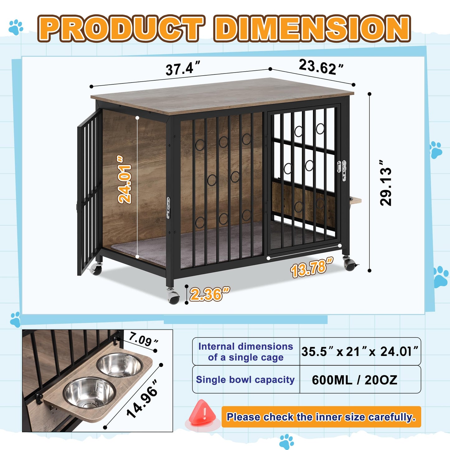 37.4'' Dog Crate Furniture, Wooden Dog Kennel End Table with Cushion, Rolling Casters, and 2 Bowls, Heavy Duty Dog Crate TV Stand for Medium Dog, 37''L x 24''W x 29''H, Inner Height 24'', Greige