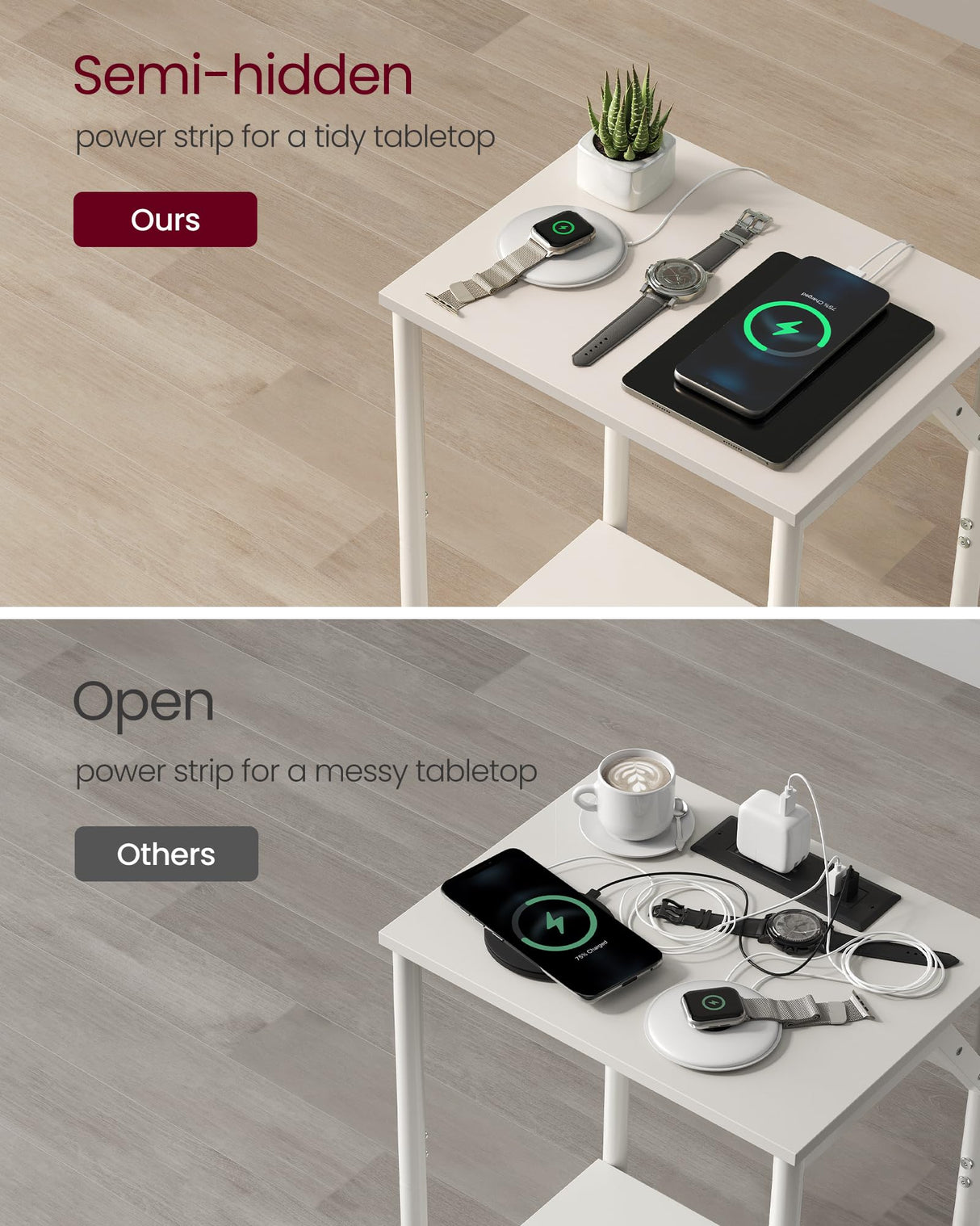 VASAGLE End Table with Charging Station, Set of 2, Small Side Tables for Living Room, Bedroom, Nightstand with Outlets and USB Ports, Bedside Table with Storage Shelf, Cream White VASAGLE