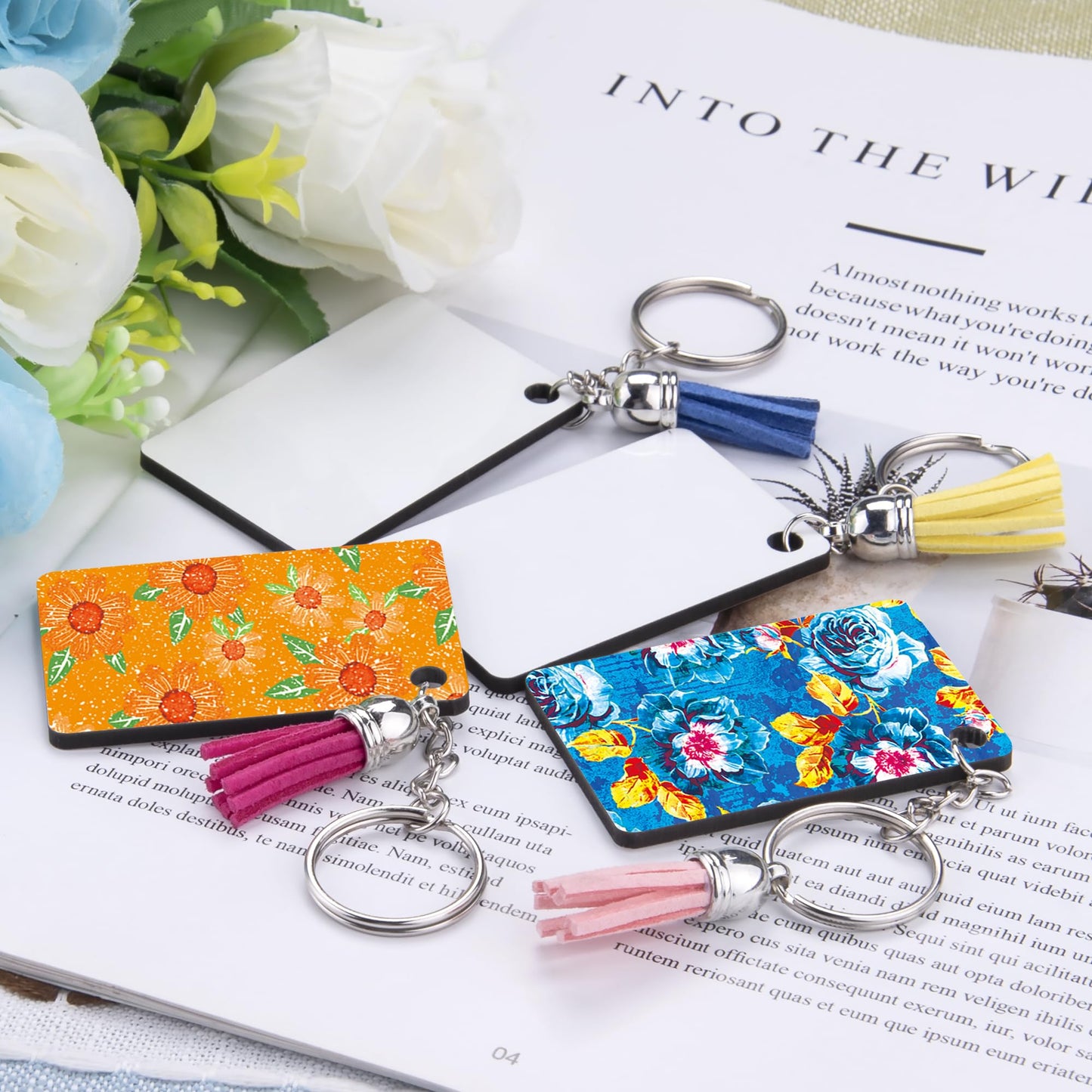 Duufin 120 Pieces Rectangle Sublimation Keychain Blanks Double Side Heat Transfer Blanks MDF Key Rings Blank Board Key Chain Blanks for Sublimation DIY and Craft