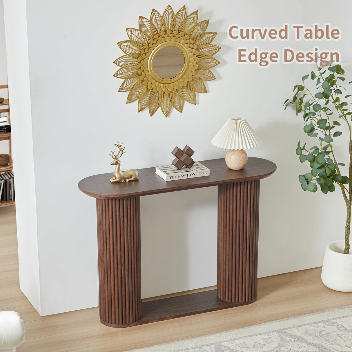 RUSTYER Fluted Console Table, Farmhouse Oval Curved Entryway Table with Storage and Fluted Wood Legs, Narrow Small Long Entry Sofa Table for Entrance, Hallway, Living Room (Walnut) RUSTYER