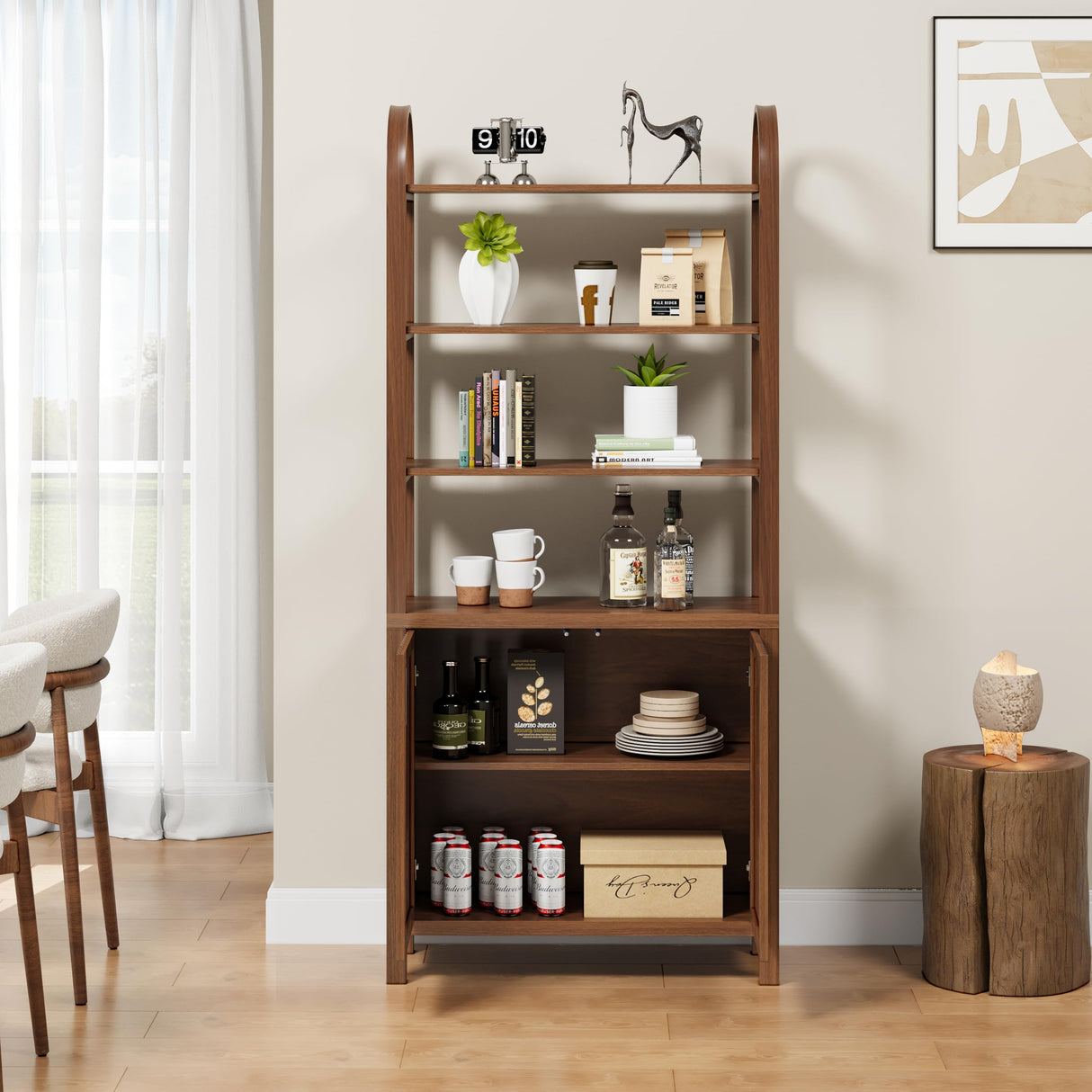 71” Tall Arched Bookshelf Storage with Fluted Doors, Mid Century Modern 6 Tier Bookshelves, Freestanding Bookcase Cabinet with Open Display Storage Shelf for Living Room Home Office Bedroom, Walnut XUZENEST