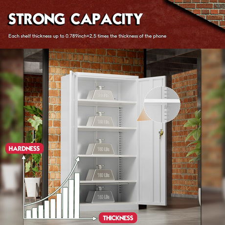Pataku Garage Storage Cabinet Metal Locking Cabinet 5-Layer with Door Steel Multifunctional Storage Cabinet with 4 Adjustable Shelves, White Tool Cabinet for Home, Office, Warehouse… Pataku