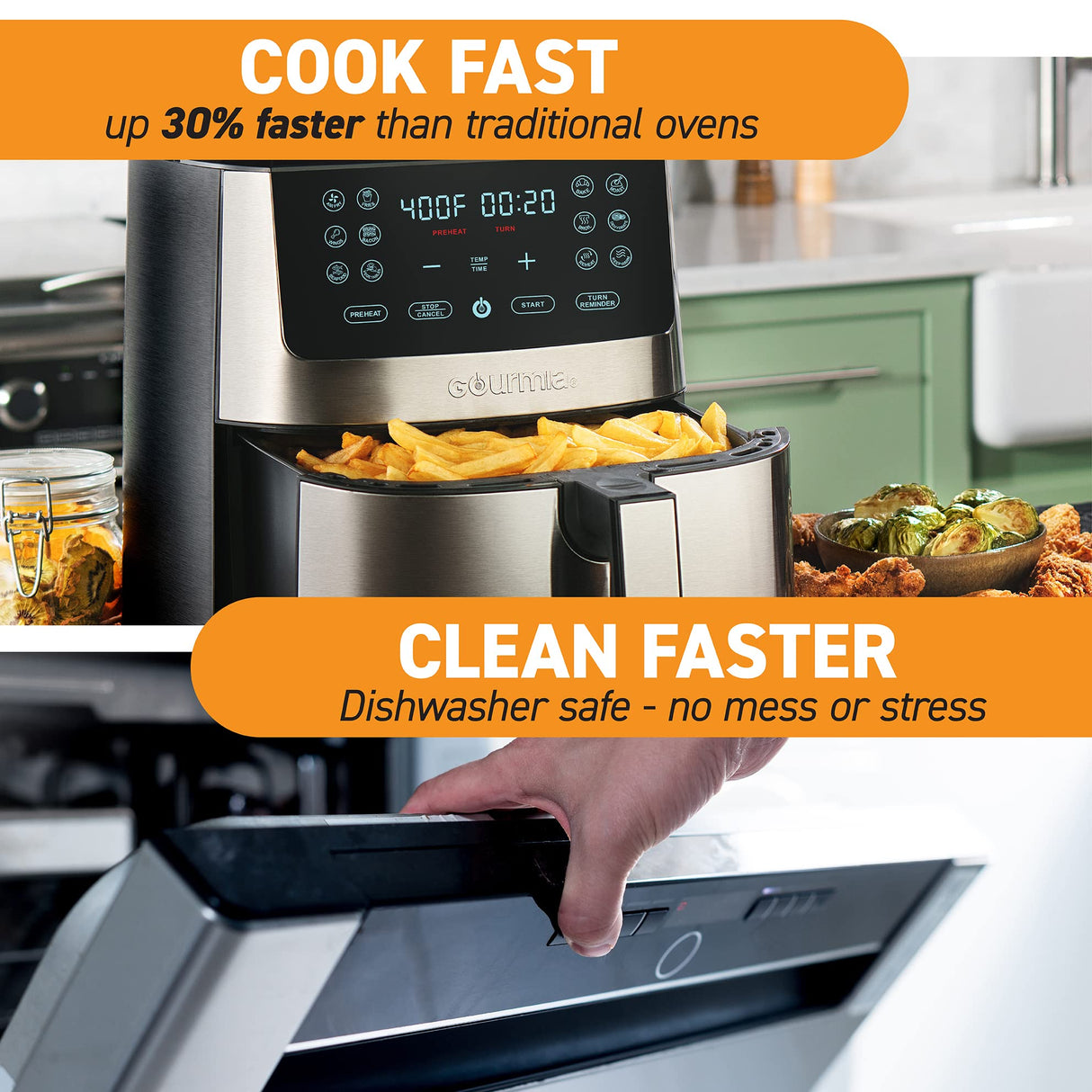 Gourmia Air Fryer Oven Digital Display 8 Quart Large AirFryer Cooker 12 Touch Cooking Presets, XL Air Fryer Basket 1700w Power Multifunction GAF838 Black and stainless steel air fryer Gourmia