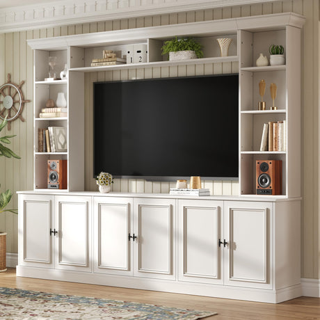 97.4"W Elegant 4-Piece Wall Unit Entertainment Center with Bookshelf for TVs Up to 70", Versatile TV Stand with Adjustable Shelf, Mid-Century Media Console with Bridge for Living Room, White (White) THINK 30