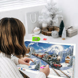 JOOZ Large Christmas Diamond Art Kits for Adults - 5D Christmas Train Diamond Painting Kits, DIY Full Drill Snow House Diamond Art Painting, Gem Painting Kit for Gift Home Wall Decor 27.5 X 15.7 Inch JOOZ