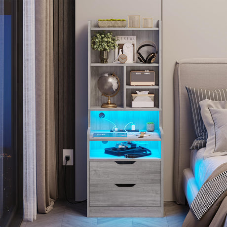 BTHFST Grey Tall Nightstand Set of 2 with LED Lights and Charging Station BTHFST
