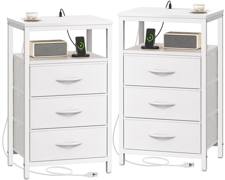Huuger Nightstands Set of 2, 27.6 Inch End Tables with Charging Station, Bedside Tables with Drawers, PU Leather Finish, USB Port and Outlet, Night Stands for Bedroom, White Huuger