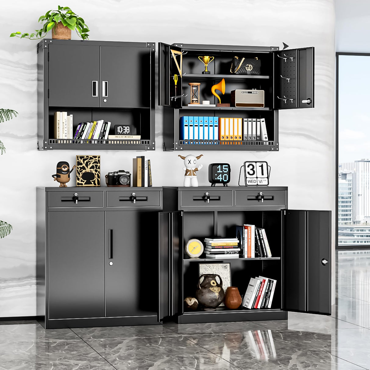 INTERGREAT Metal Wall Storage Cabinet with Adjustable Shelf, Wall Mounted Tool Cabinets with Pegboard for Garage, Lockable 31” H Steel Medicine Cabinets with Doors, Home Office, Kitchen (32”W x 12”D) INTERGREAT