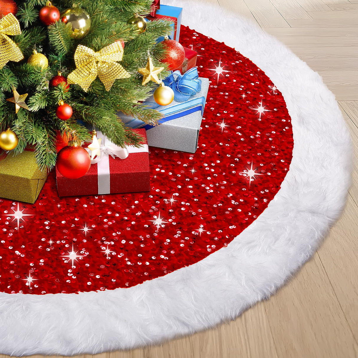 EverMerry Christmas Tree Skirt, Christmas Skirt Tree for 6ft Tree, 36 inches Thick Red Velvet with Sequin and White Plush Tree Skirts for Christmas Tree and Holiday Party Decorations EverMerry