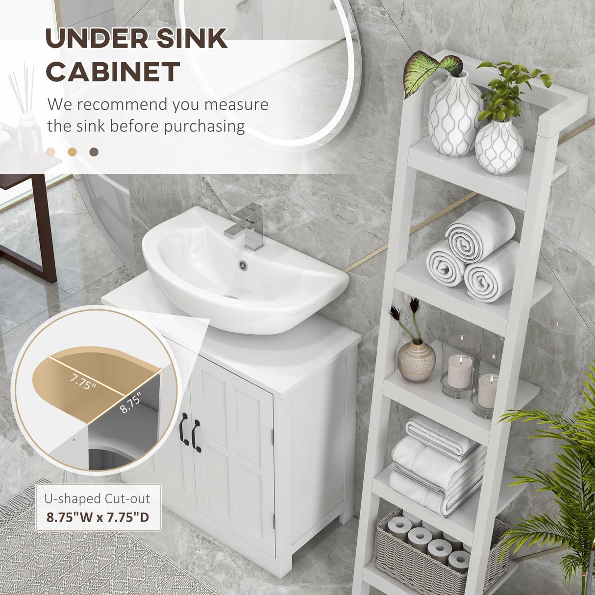 kleankin Pedestal Sink Storage Cabinet, Under Sink Cabinet, Bathroom Vanity Cabinet with Double Doors and Adjustable Shelf, White kleankin