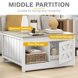 DWVO Farmhouse Coffee Table with Storage: Wooden Square Center Table with Sliding Barn Door, Small Living Room Table Light Oak DWVO