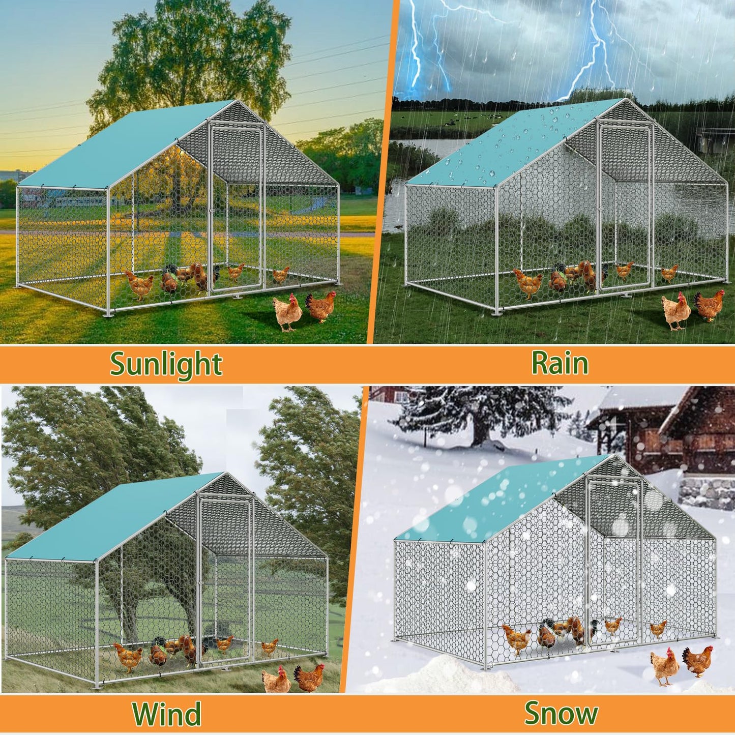 Sunny Heart Large Chicken Coop Run with Immersed Wire Mesh, Metal Chicken Coop for 6 Chickens Heavy Duty Chicken Run in for Yard with Waterproof Cover and Secure Lock(6.6'L x 9.8'W x 6.4'H)