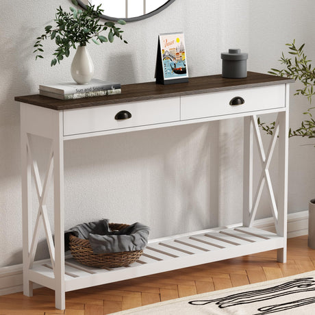 ChooChoo 47" Farmhouse Console Table with Drawer for Entryway, Narrow Long Entry Table with Shelf for Living Room, Rustic Vintage Hallway Sofa Table with Stable X Supports, White ChooChoo