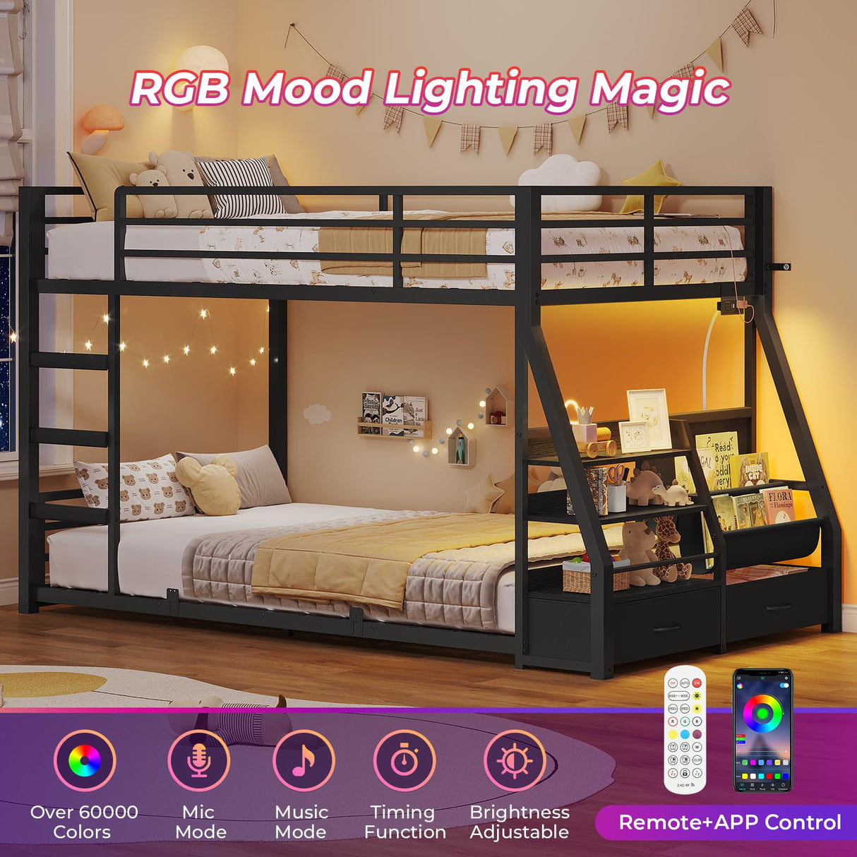 ADORNEVE Low Bunk Bed Twin Over Twin with Storage Bookshelves, 2 Drawers & Power Outlet, LED Metal Floor Bunk with Full-Length Guardrail & Metal Slats, No Box Spring Needed, for Kids, Black ADORNEVE