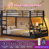 ADORNEVE Low Bunk Bed Twin Over Twin with Storage Bookshelves, 2 Drawers & Power Outlet, LED Metal Floor Bunk with Full-Length Guardrail & Metal Slats, No Box Spring Needed, for Kids, Black ADORNEVE