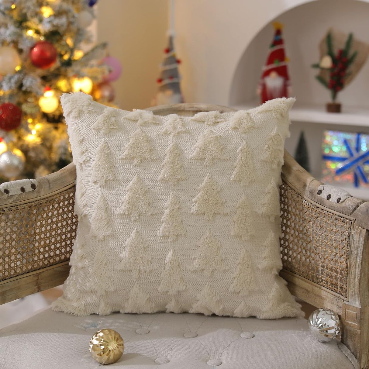 DFXSZ Christmas Tree Pillow Covers 18x18 inch Set of 2 Christmas Decoration Beige Soft Plush Faux Fur Jacquard Throw Pillows for Bedroom Sofa Holiday Festivals Winter Home Decor PTK006C18 DFXSZ