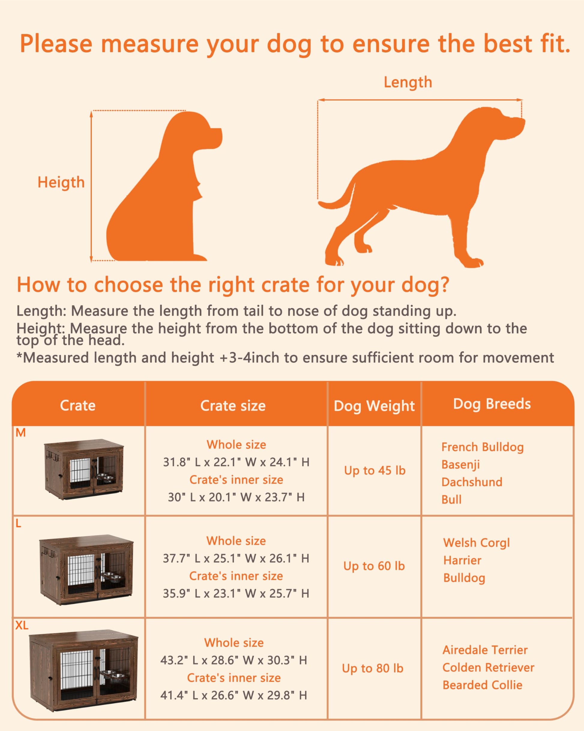 Piskyet Wooden Dog Crate Furniture with 360°Rotatable Removable Dog Bowls, Dog Crate End Table with Tray, Double Doors Dog Kennels for Dogs(XL:43.2" L*28.6" W*30.3" H, Rustic Style) - WoodArtSupply