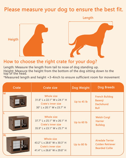 Piskyet Wooden Dog Crate Furniture with 360°Rotatable Removable Dog Bowls, Dog Crate End Table with Tray, Double Doors Dog Kennels for Dogs(XL:43.2" L*28.6" W*30.3" H, Rustic Style) - WoodArtSupply