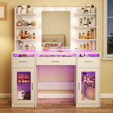 HUAHUUU Vanity Desk, Makeup Vanity Desk with Mirror and Lights 3 Colors, Transparent Top with 3 RGB Drawers, 6 Shelves, 2 Large Tempered Cabinets, Power Outlet, for Bedroom, White HUAHUU