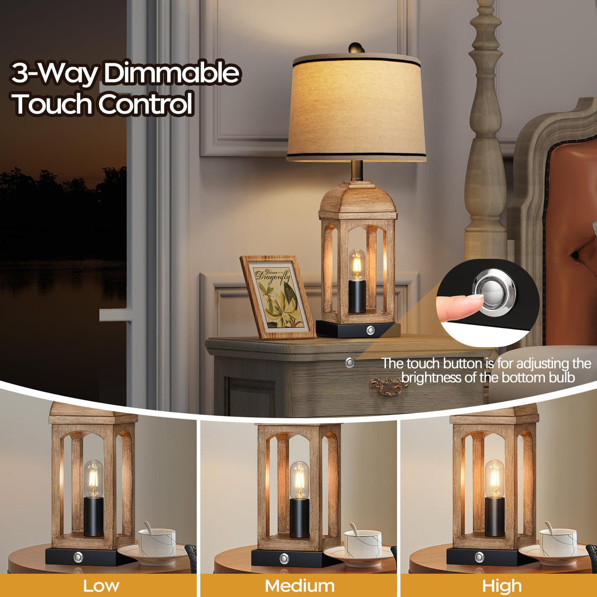 QiMH Table Lamp for Living Room, Farmhouse Lamps Set of 2 with USB A+C and Nightlight, 26" Rustic Bedside Lamps with 3-Way Dimmable Touch Control, Nightstand Lamp for Bedroom Decor, Wood Grain QiMH